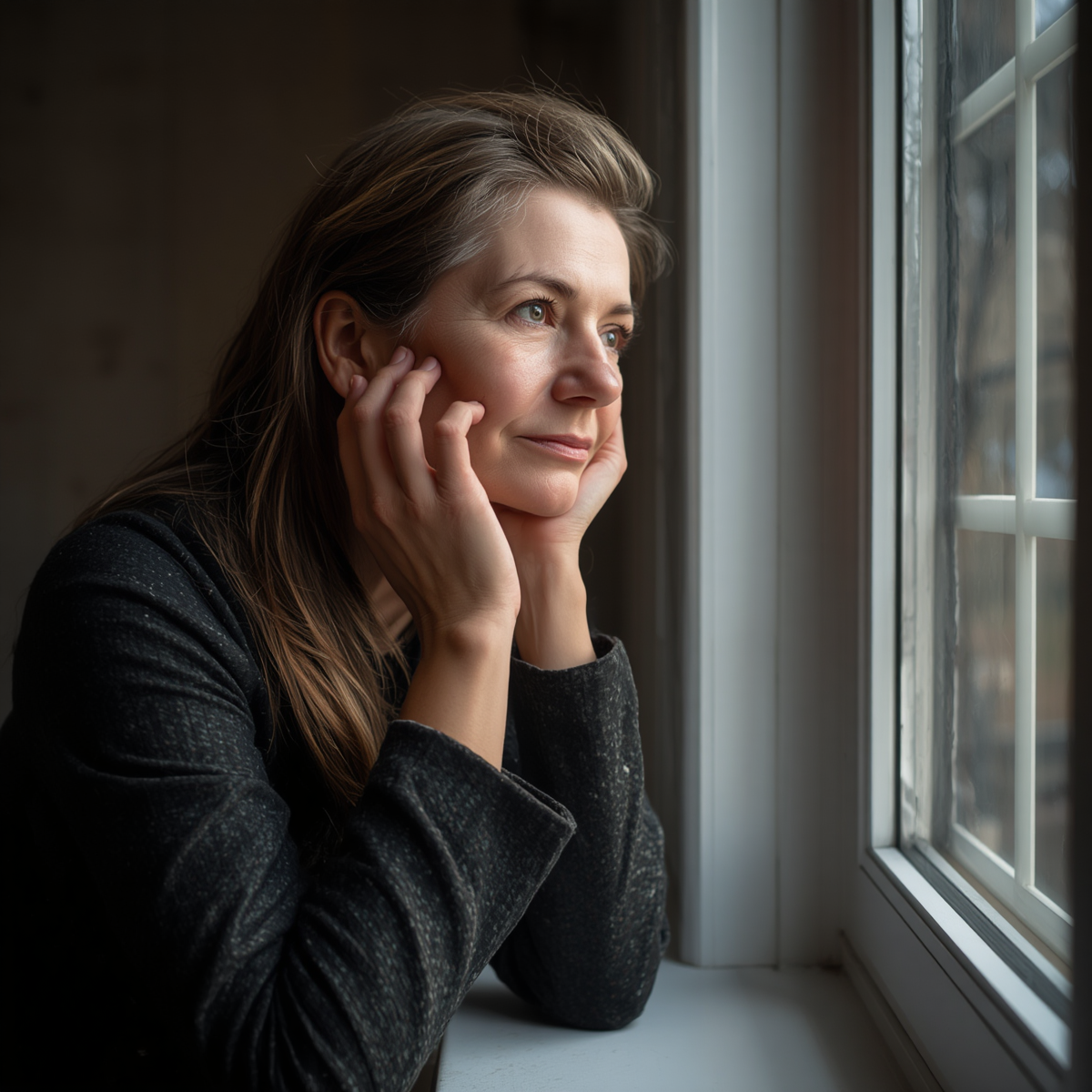 woman looking out window b/c life is passing her by as she goes through the motions but isn't really living a life that lights her up anymore