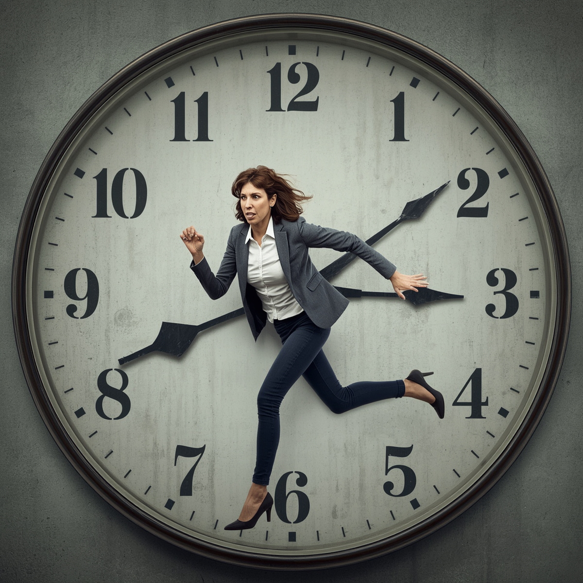 woman running inside a clock face, symbolizing the feeling of being stuck on a hamster wheel
